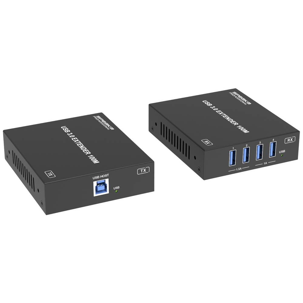 SpeaKa Professional SP-USBE-800 1+4 Porte Sistema di estensione USB 3.0 RJ45 + hub Estensore tramite cavo di rete, Controllabile via PC Nero