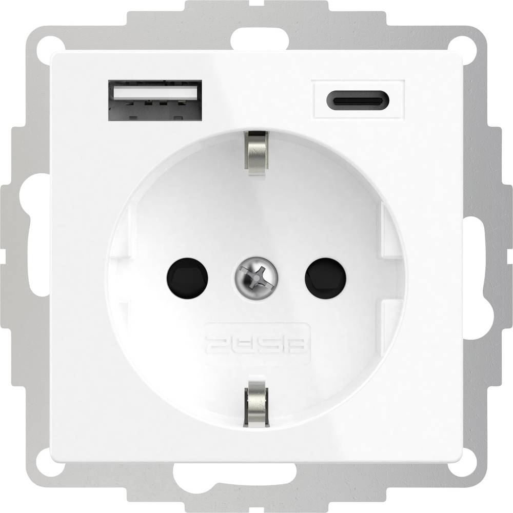 2USB 2U-449511 1 parte presa contatto di terra con uscita di ricarica USB, Protezione per i bambini, VDE IP20 Bianco puro (RAL 9010)