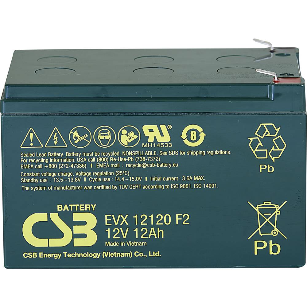 CSB Battery EVX 12120 EVX12120F2 Batteria al piombo 12 V 12 Ah Piombo-AGM (L x A x P) 151 x 100 x 98 mm Spina piatta 6,35 mm Ciclica, Esente da manute