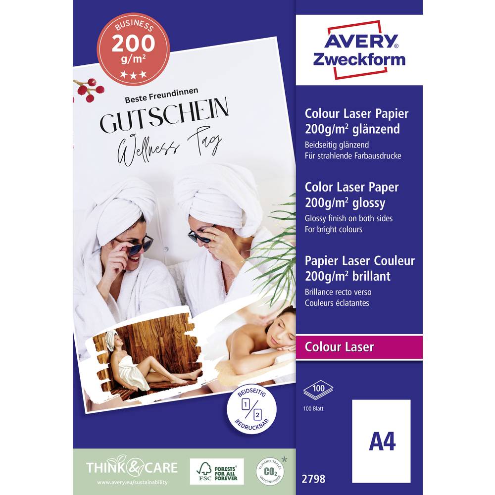 Avery-Zweckform Premium Laser Papier hochglänzend 2798 Carta per stampante laser DIN A4 200 g/m² 100 Foglio Bianco