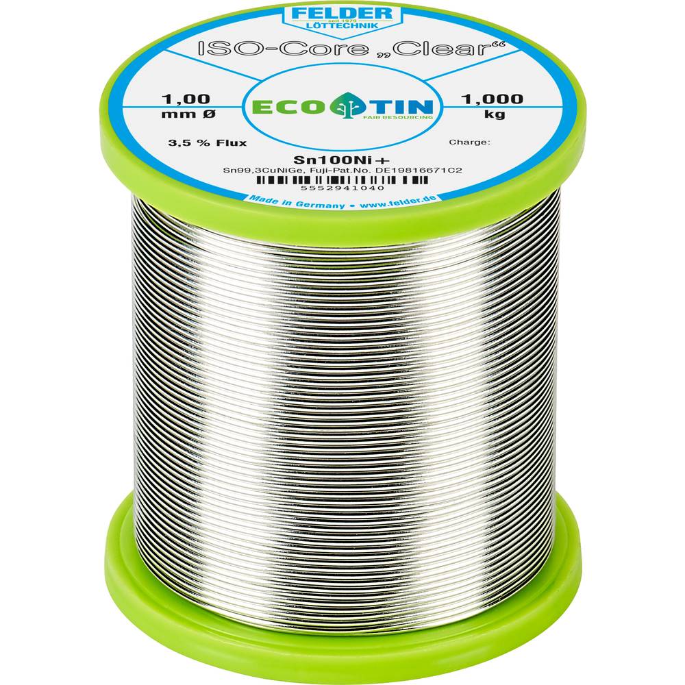 Felder ISO-Core Clear Sn100Ni+ Stagno per saldatura Bobina Sn99,25Cu0,7Ni0,05 1.000 kg 1 mm
