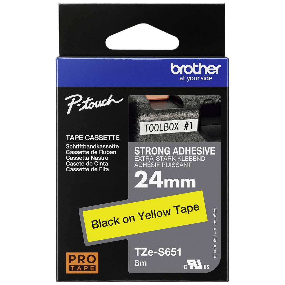Brother TZe-S651 Nastro con adesivo extra resistente Colore Nastro: Giallo Colore carattere: Nero 24 mm 8 m