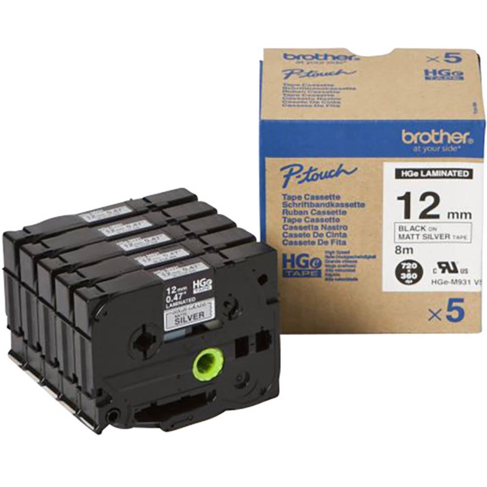Brother HGe-M931V5 Cassetta nastro Kit da 5 Colore Nastro: Argento (opaco) Colore carattere: Nero 12 mm 8 m