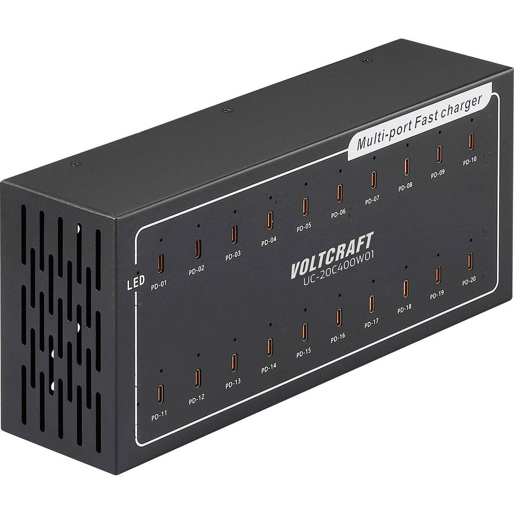 VOLTCRAFT UC-20C400W01 Caricatore USB 400 W 20x USB-C ® Consegna di potenza Nero Ambiente interno USB Power Delivery (USB-PD)