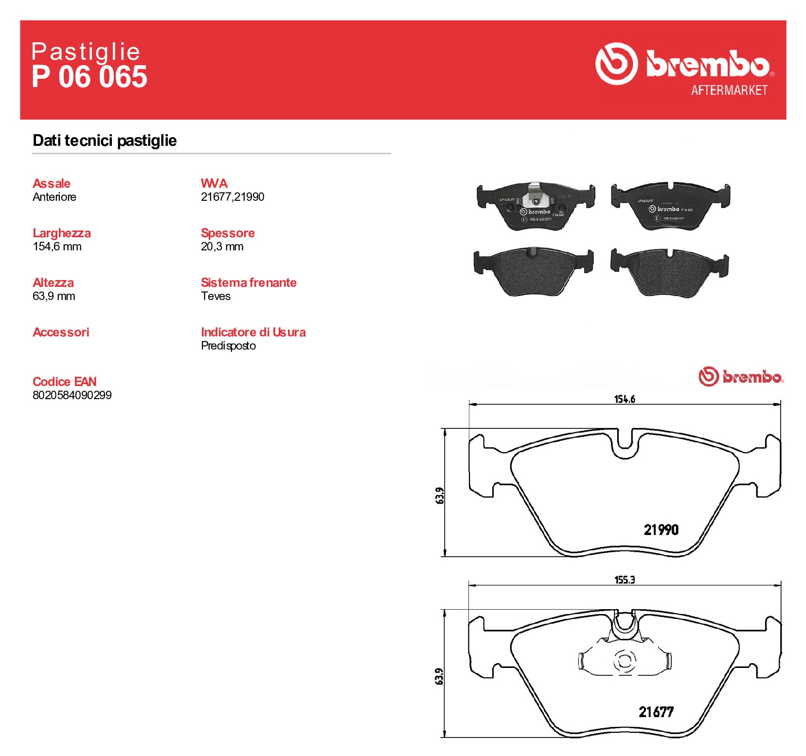 Brembo Kit Pastiglie Freno P06065