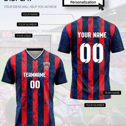 Maglia da calcio personalizzata per uomo del Barcellona, colore rosso e blu - Stampa personalizzata di nome e numero (fronte e retro) - Maglia sportiv
