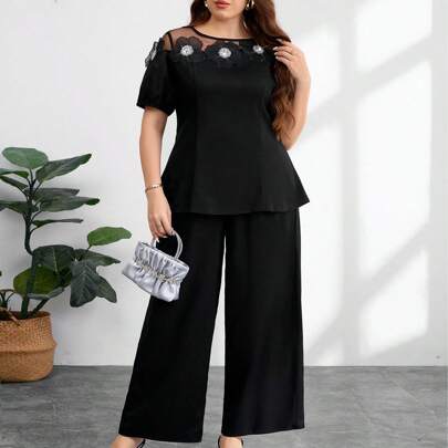 2 pezzi insieme di taglie forti per donna, elegante top a babydoll in in rete con applicazioni floreali e pantaloni larghi lunghi