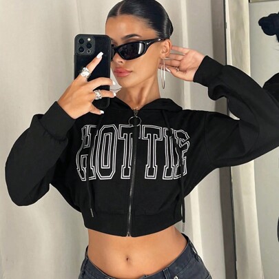 Felpa con cappuccio corta con grafica lettera con zip con coulisse
