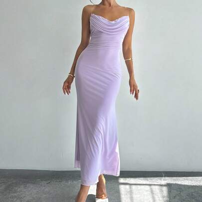Donna Lavanda Draped Neck Life Fiist Fishtail Orlo Maxi Dress, Sexy Sera Gown, Bredesmaid Dress, Elegante, sexy, romantico, Appuntamento, Festa, Matri