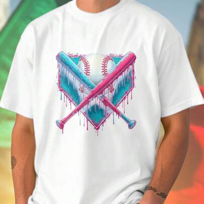 T Shirt Uomo Baseball Crossed Bats Neon Dripping Paint Moda Casual Primavera Estate  Regalo Sportivo Look Unico Offerta Speciale