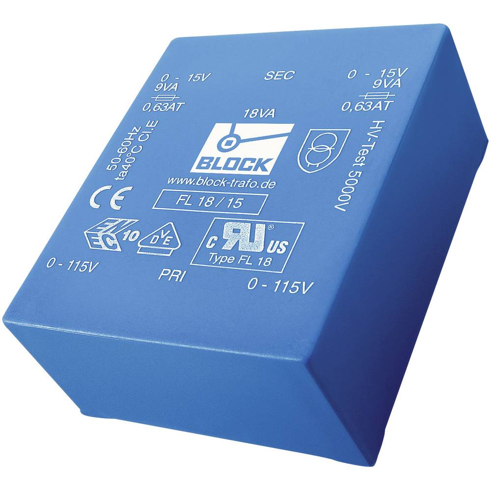 Block, UI 39/8 trasformatore piatto FL 10 VA 2 x 115 V 2 x 12 V 2 x 415 mA 10 VA .