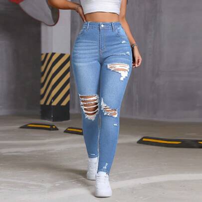 Jeans premium da donna super skinny in denim elasticizzato e lavato, jeans strappati, moda minimalista, casual per tutti i giorni