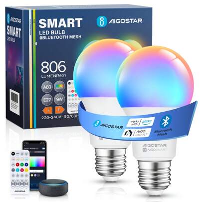 Aigostar Mesh - Lampadine Alexa Bluetooth Mesh A60 , Lampadina Smart Works with Alexa, Lampadina Alexa E27 LED RGB & 2700K-6500K (Con Telecomando Blue