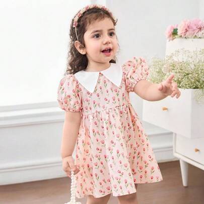 Baby Girl Coll Ditsy Floral Peter Pan Collare Puff Sle Dress