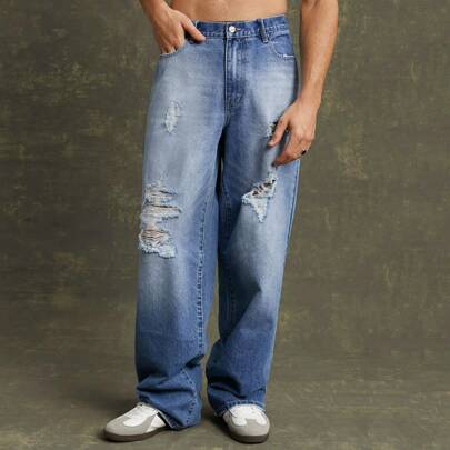 Jeans rettillinei strappati in denim di cotone premium da uomo, 91% cotone