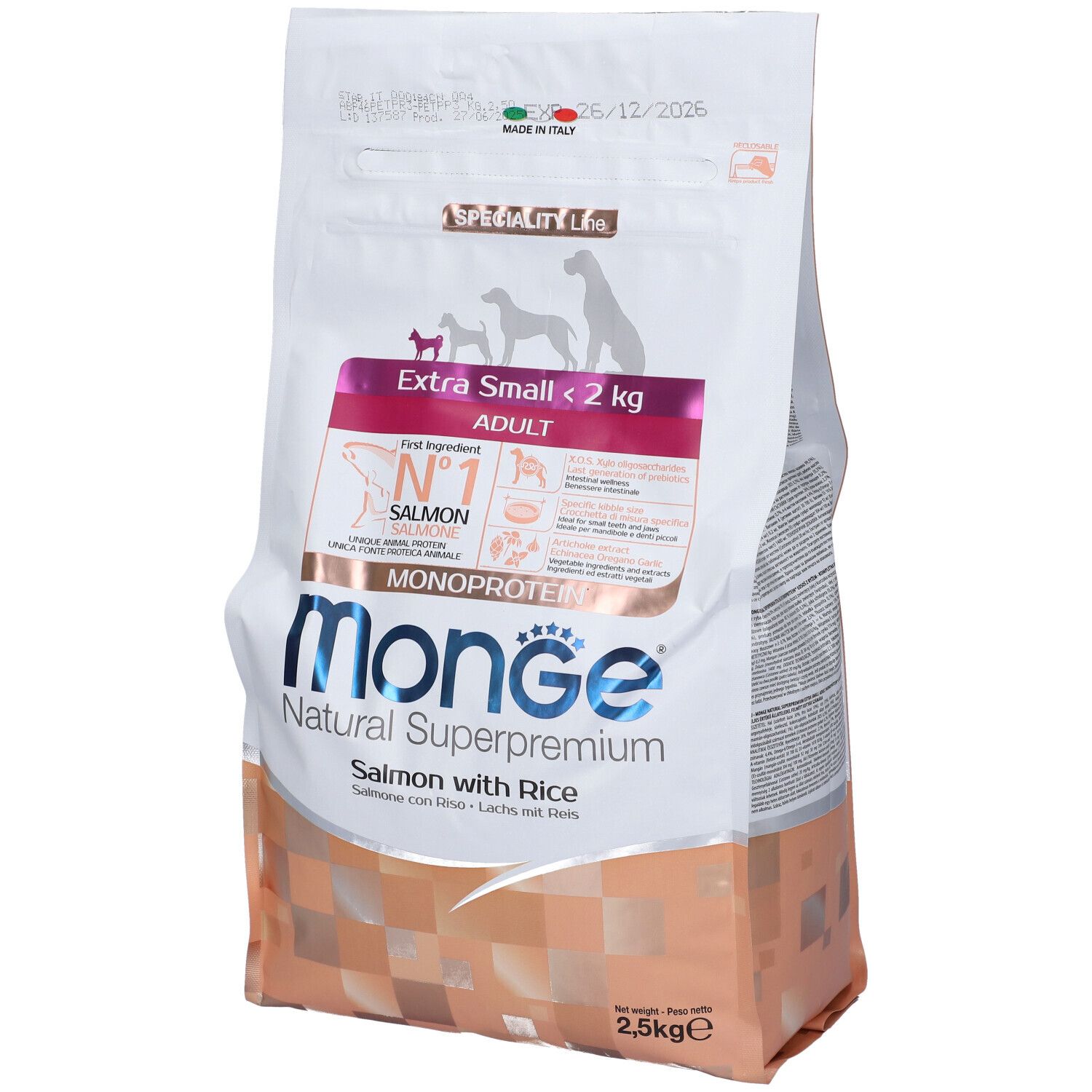Monge Monoprotein per Cani Extra Small Adult con Salmone & Riso 2,5Kg