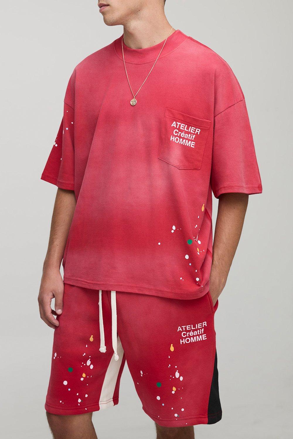 Oversized Boxy Atelier Washed Paint Splatter T-Shirt & Short Set, Rosso