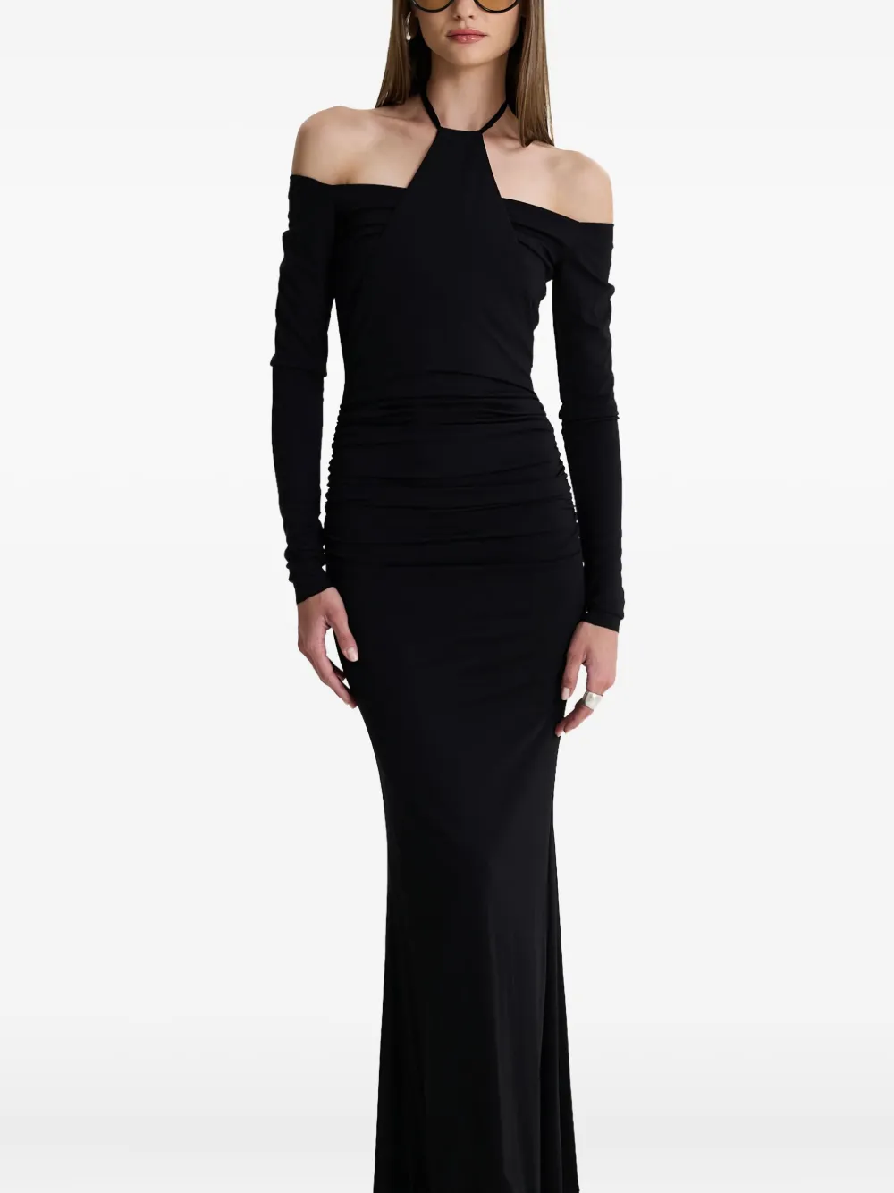 MOOS STUDIO Shadow Spiral off-shoulder fishtail maxi dress - Nero
