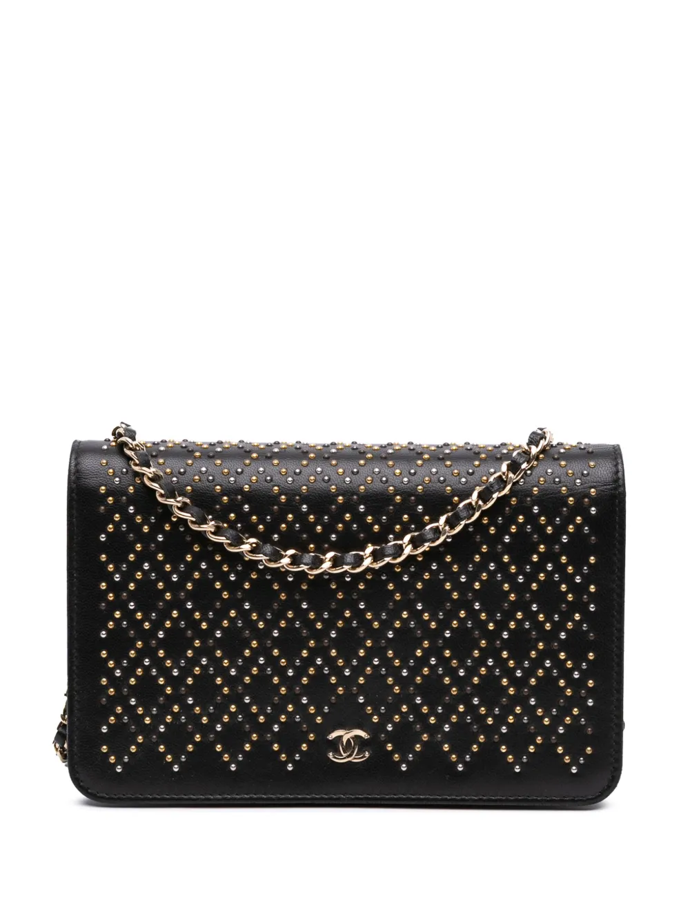 CHANEL Pre-Owned 2016-2017 CC Studded Lambskin Wallet on Chain crossbody bag - Nero