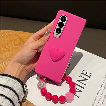 Custodia per telefono con cuori rosati, perle a forma di coniglietto e anello braccialetto, compatibile con Samsung Galaxy Z Fold 5, 6, Fold 6, Z Fold