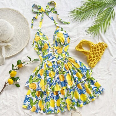 Abito mini romantico con stampa vintage di limoni, decorato con laccio sul davanti, adatto per Natale, appuntamenti, discoteca, spiaggia, crociera, tè