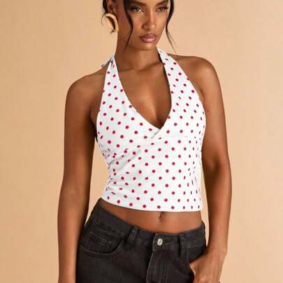 Top casual estivo con stampa a pois, adatto per brunch, uscite, appuntamenti, pendolarismo, crociere, Ibiza