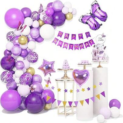 Decorazione di compleanno, striscione di buon compleanno viola e bianco, palloncini di compleanno, bandiere, coriandoli, palloncini in lattice per dec