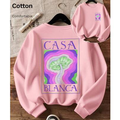 T-shirt da donna a maniche corte in tinta unita, t-shirt in cotone con slogan Casa Blanca, design a forma di fungo, energica, streetwear Y2K, abbiglia