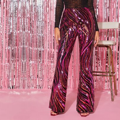 Pantaloni Svasati Da Donna Con Motivo A Linee Fluide Rosa E Decorazioni Con Perline