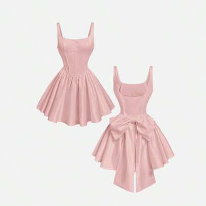 Abito mini da donna decorato con fiocco rosa, abito da donna, abbigliamento da donna, abito da festa per vacanze, abito modesto, abito da vacanza, abi