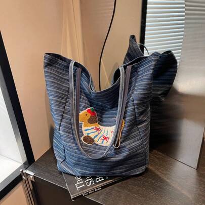 Borsa in tela con grande capacità, in denim reversibile, può essere usata come borsa a spalla con grande capacità, borsa casual da shopping, adatta pe