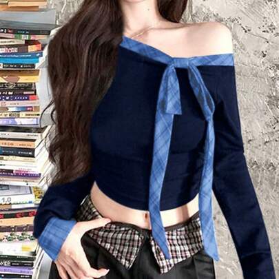 Maglietta da donna con spalla scoperta, collo asimmetrico e fiocco, maniche lunghe, blusa sexy e provocante