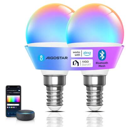 Aigostar Mesh - Lampadine Alexa Bluetooth Mesh 6.5W G45, Lampadina Smart Works with Alexa, Lampadina Alexa E14 LED 555LM RGB & 2700K-6500K(Con Telecom