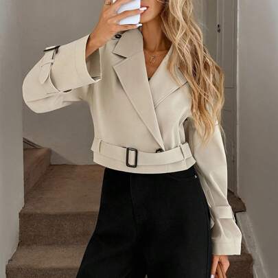 Trench coat corto a vita stretta e doppiopetto, trench coat casual ed elegante da donna