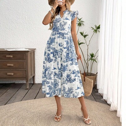 Donne Casual Prentil Floral Midi Dress Con Slacciatura Flutter