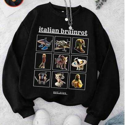 Felpa oversize casual per adolescenti/bambini con stampa astratta "ITALIAN BRAINROT", vestibilitÃ  morbida, manica lunga