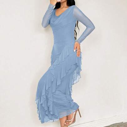 Dress elegante da donna con colletto a rete E Coll Flo Flo, primavera/soffiato
