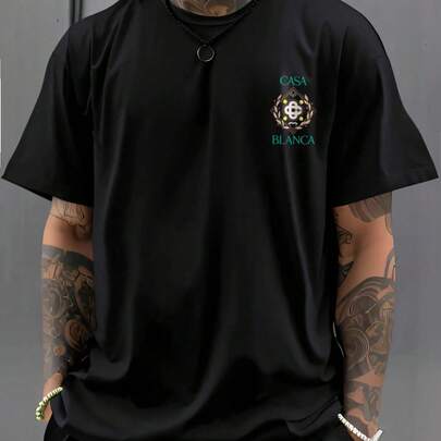 T-shirt girocollo casual da uomo, vestibilitÃ  comoda - Stampa grafica con stemma e scritta "CASA BLANCA", T-shirt estiva leggera, regalo perfetto per