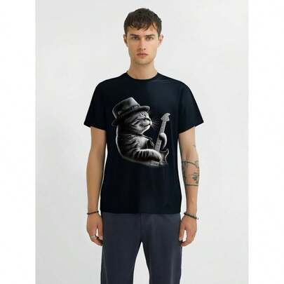 [Funny Guitar Cat Tee] Funny Rock Music Guitar Cat - Cat Playing Guitar T-Shirt - 220g
