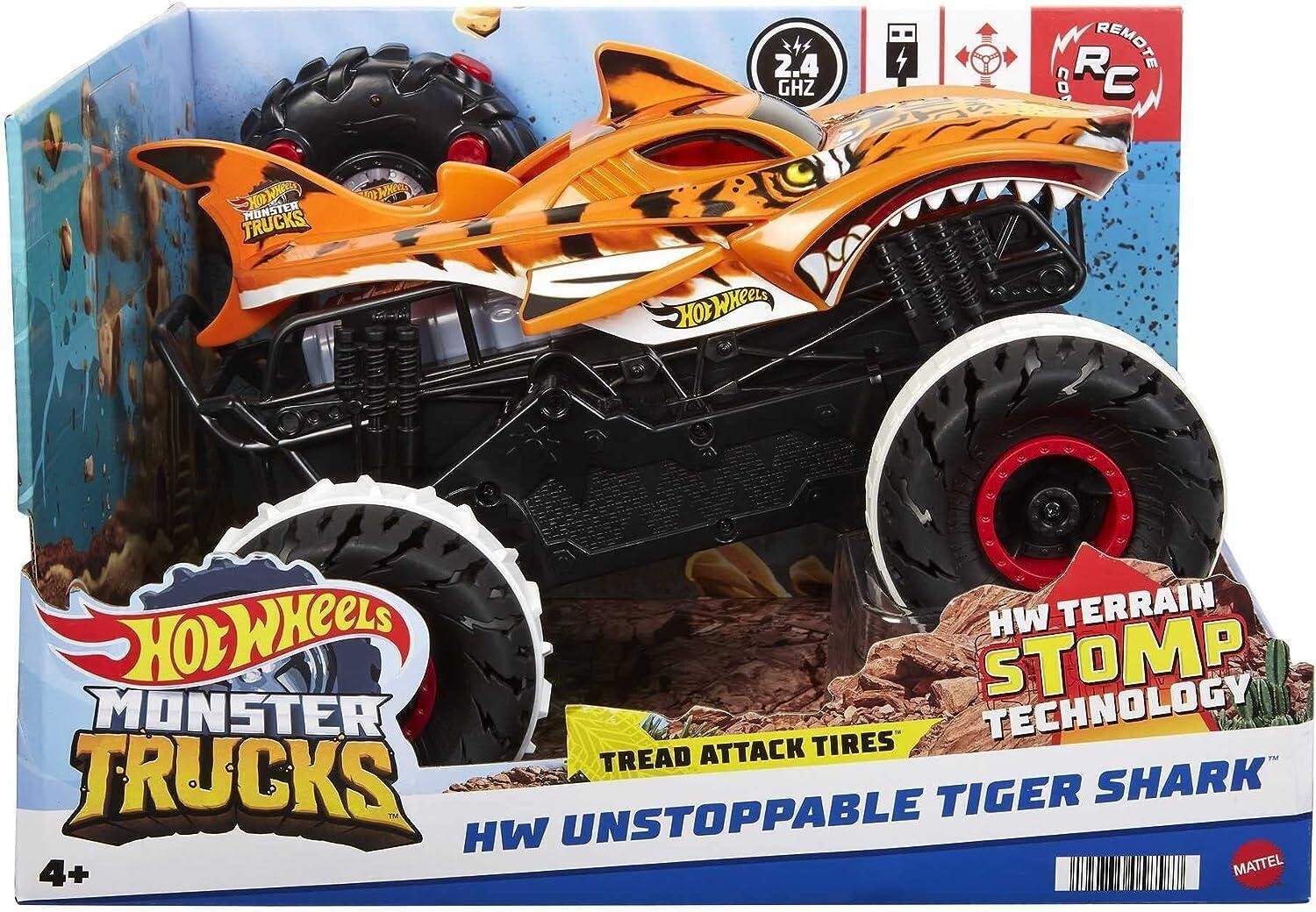 MATTEL HOT WHEELS MONSTER TRUCK AUTO TIGRE SHARK 4WD RADIOCOMANDATA TRUCKS