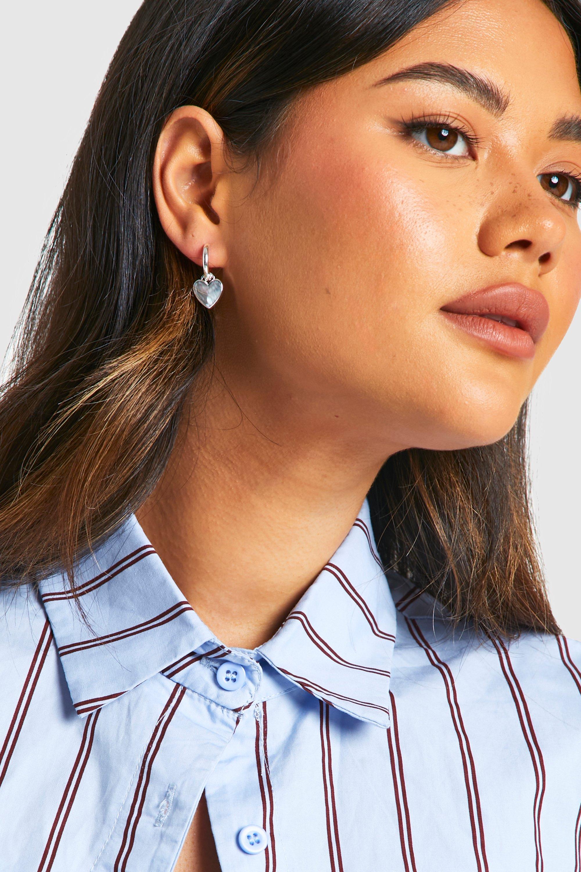 Silver Heart Drop Hoop Earrings, Grigio