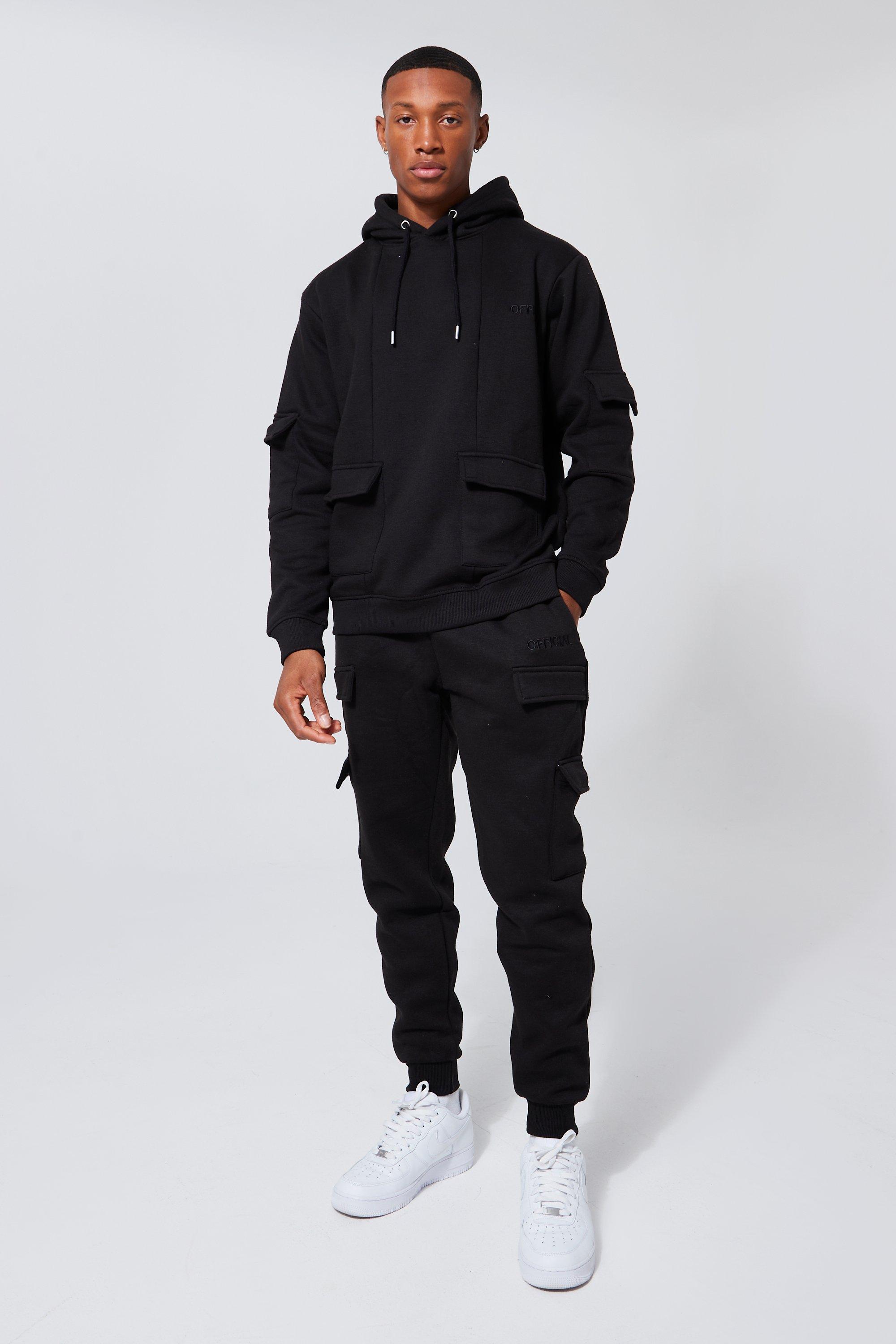 Tuta sportiva Official Man stile Cargo con pannelli e cappuccio, Nero