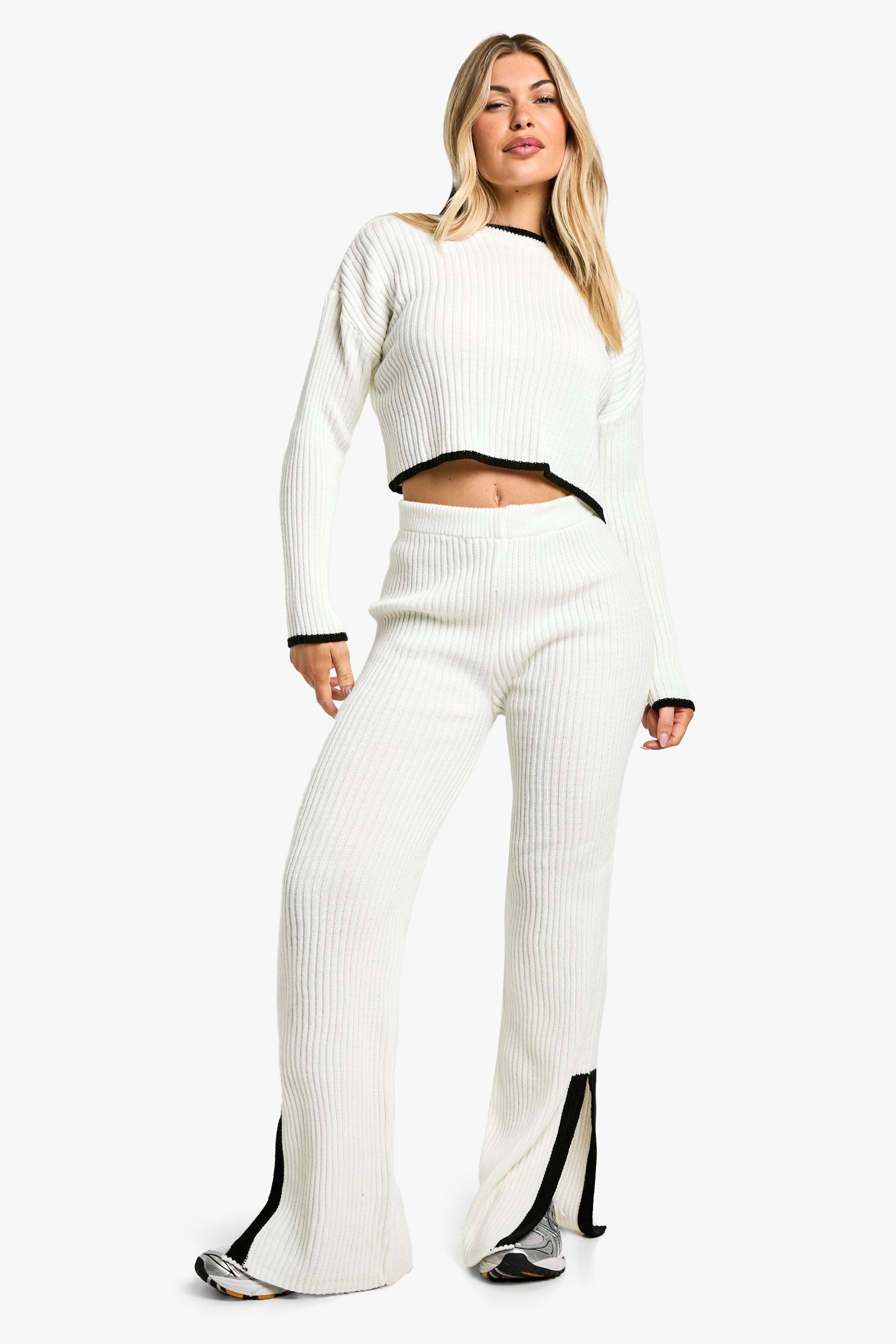 Contrast Trim Fine Gauge Knitted Co-ord, Cream