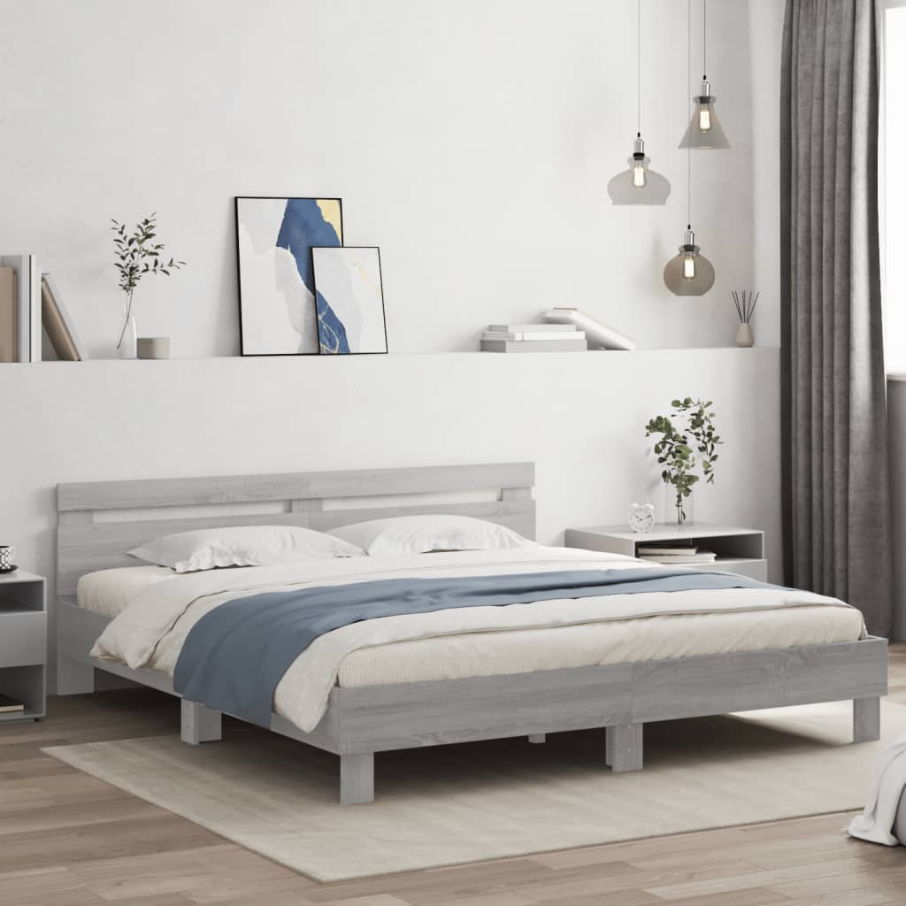 vidaXL Cadre de lit avec tête de lit et LED sonoma gris 160x200 cm