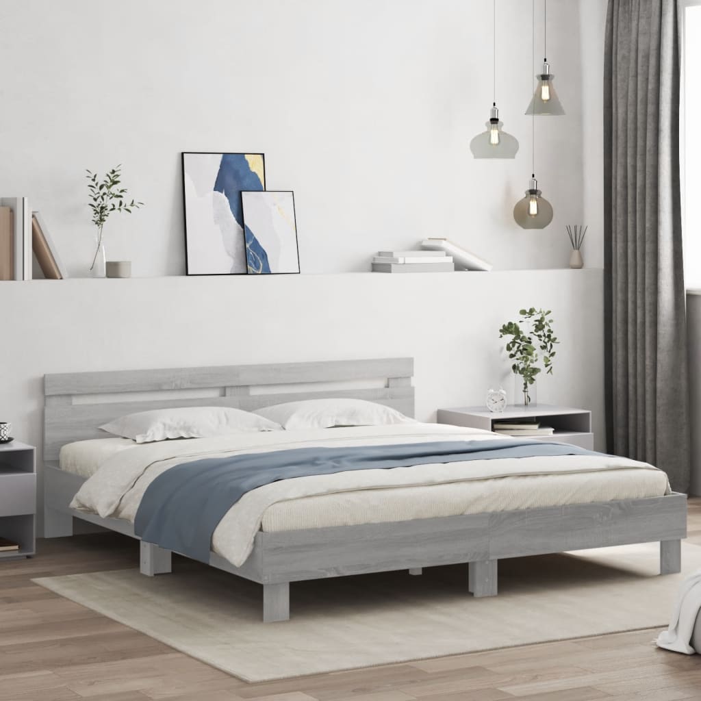 vidaXL Cadre de lit avec tête de lit et LED sonoma gris 200x200 cm