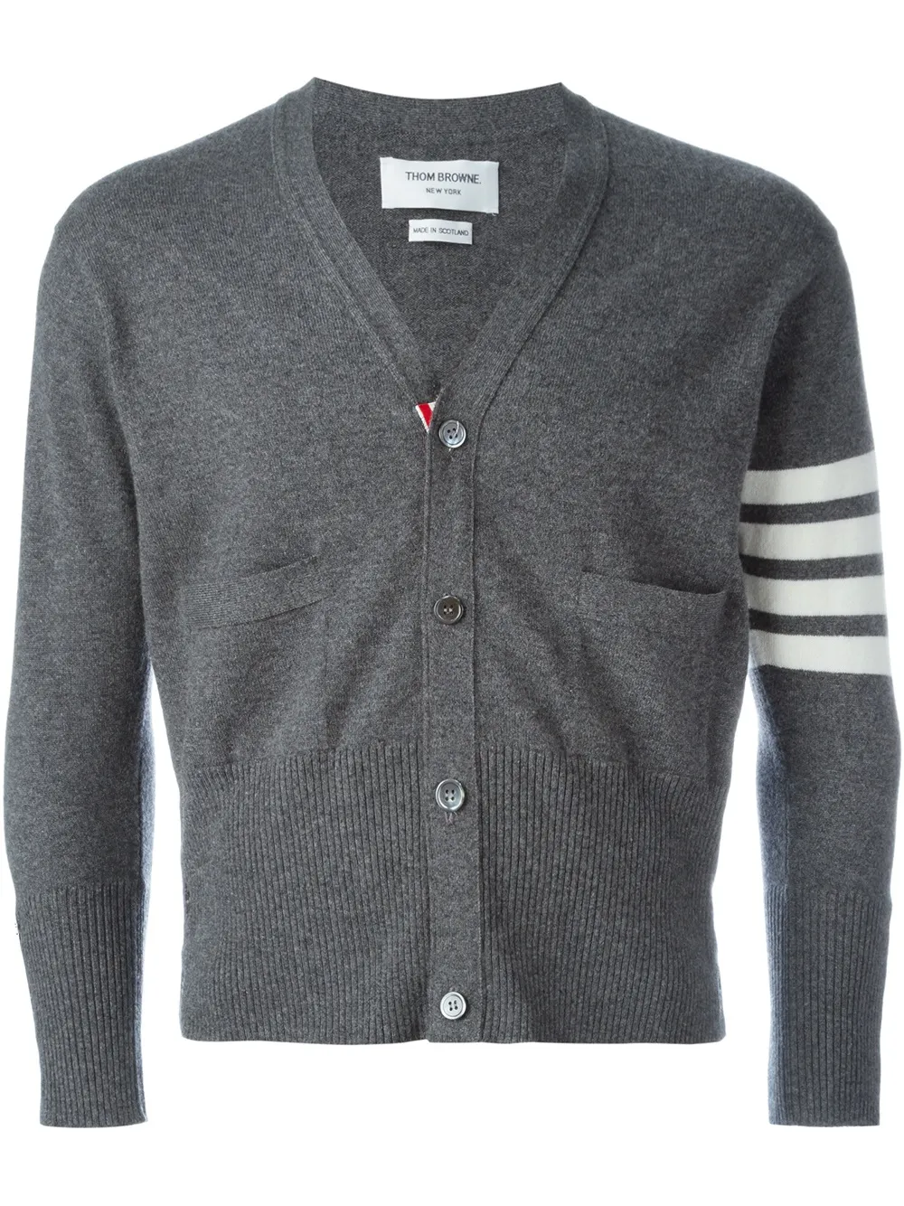 Thom Browne Short V-Neck Cardigan With 4-Bar Stripe In Medium Grey Cashmere - Grigio