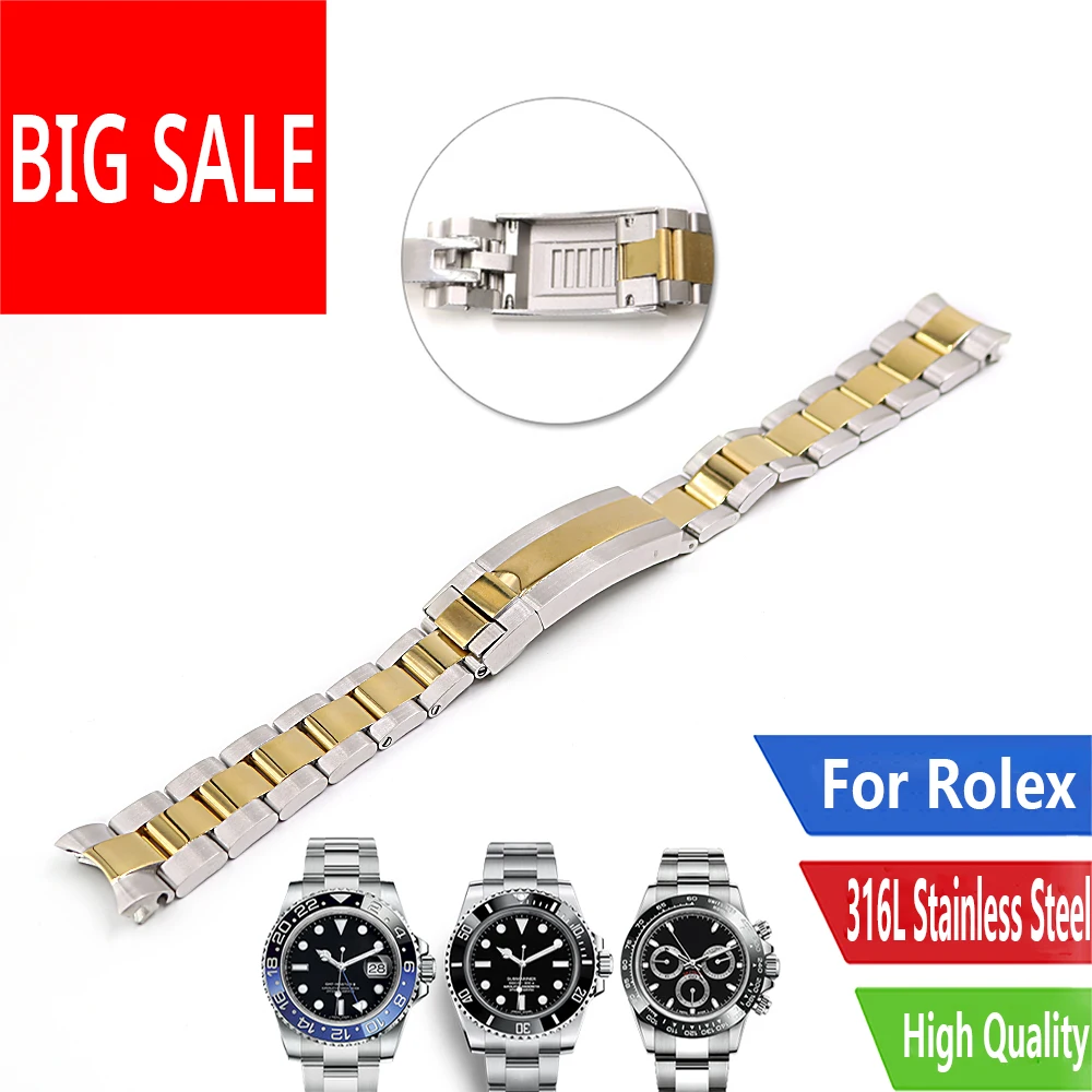Carlywet 20 Millimetri Medio Oro Solido Curved End Vite Links Glide Blocco Fibbia In Acciaio Cinturino Per Rolex Oyster Daytona Gmt Submariner