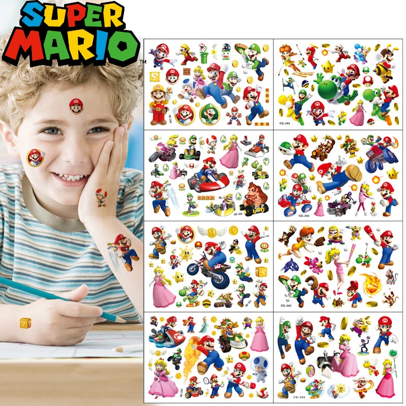Super Mario Anime Figure Princess Peach Wario Bowser Yoshi Game Tattoo Sticker Cartoon Water Transfer Giocattolo Per Bambini Regali Di Compleanno