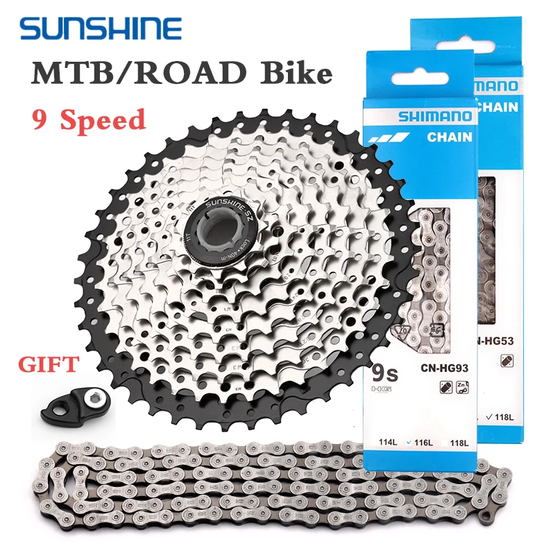 Sunshine 9 Velocità Volano Shimano Set Catena Bici Da Strada Hg53 Hg93 Kmc X9 Catene 11-25T/28T/32T/36T/40T/42T 9V Mtb Cassetta Bicicletta