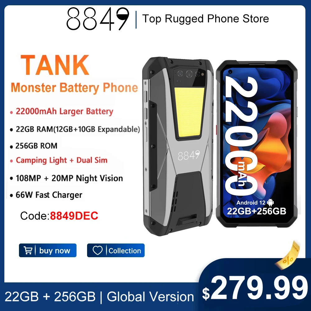8849 By Unihertz Tank Night Vision Cellulare 22000Mah Batteria Smartphone Robusto 22Gb Ram 256Gb Rom 108Mp G99 Cellulare